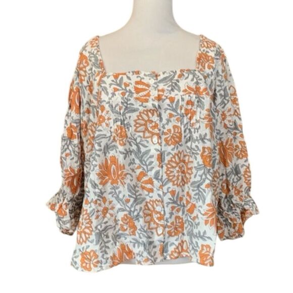 Rachel Zoe Button Down Linen Blend Blouse orange Rust Grey White - Picture 1 of 11